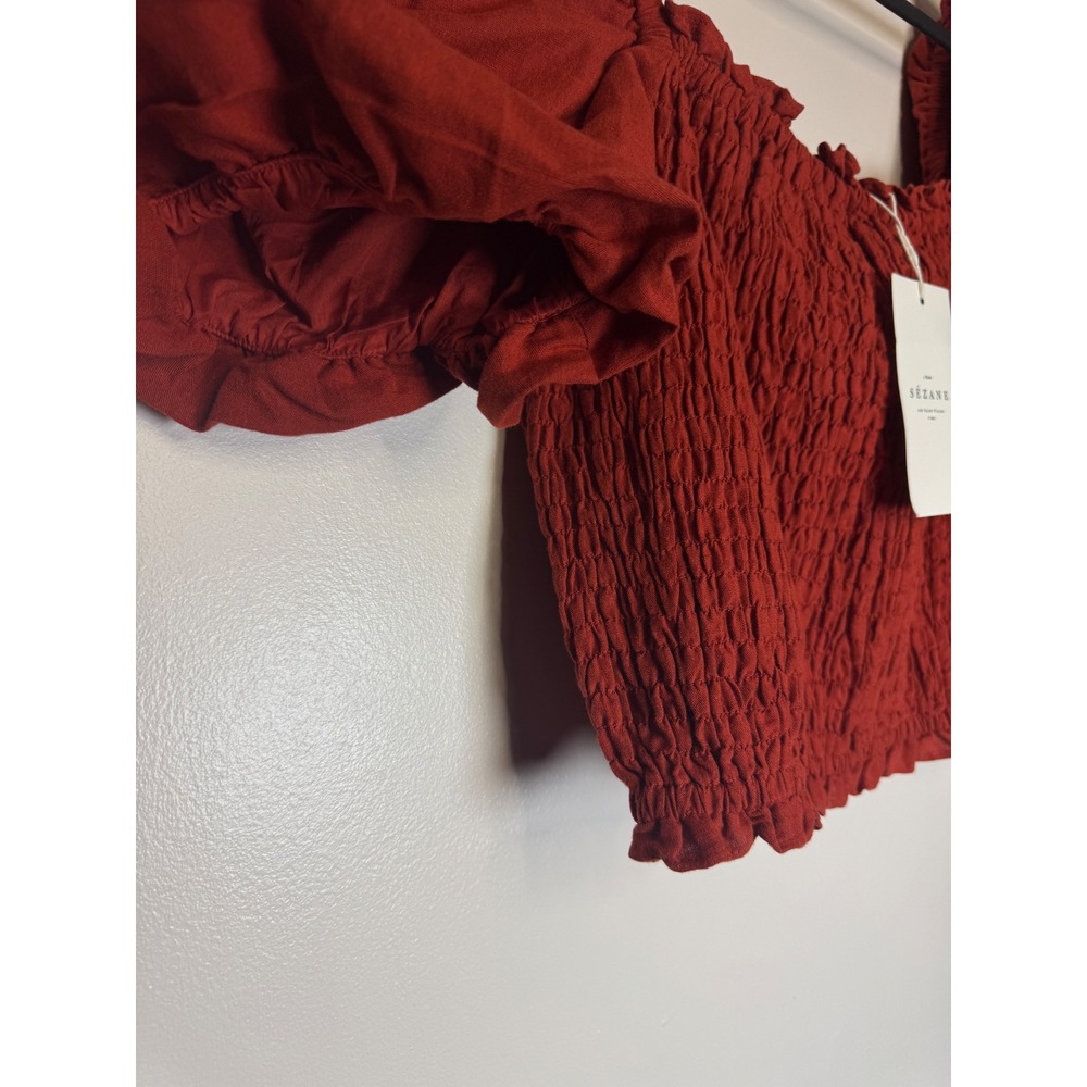 Sezane Red Smocked Puff Sleeve Crop Top Cotton Linen Blend Sz 46 NEW - Picture 4 of 9